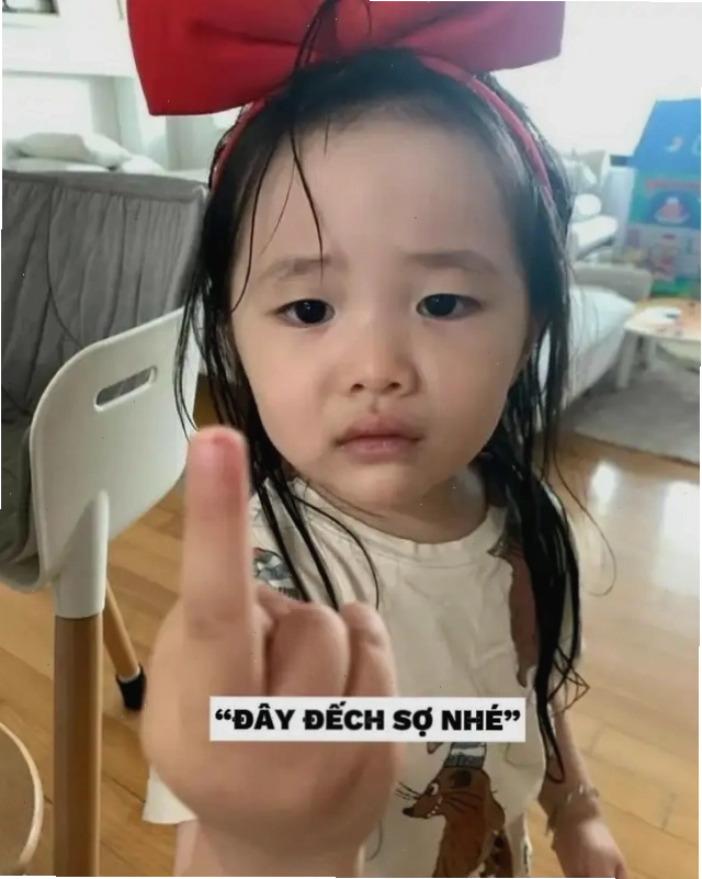 Bé gái đeo nơ đỏ giơ ngón tay giữa với biểu cảm thách thức, kèm dòng chữ "ĐÂY ĐẾCH SỢ NHÉ"
