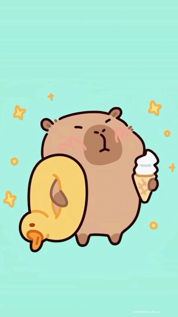 Capybara cõng vịt vàng trên nền xanh
