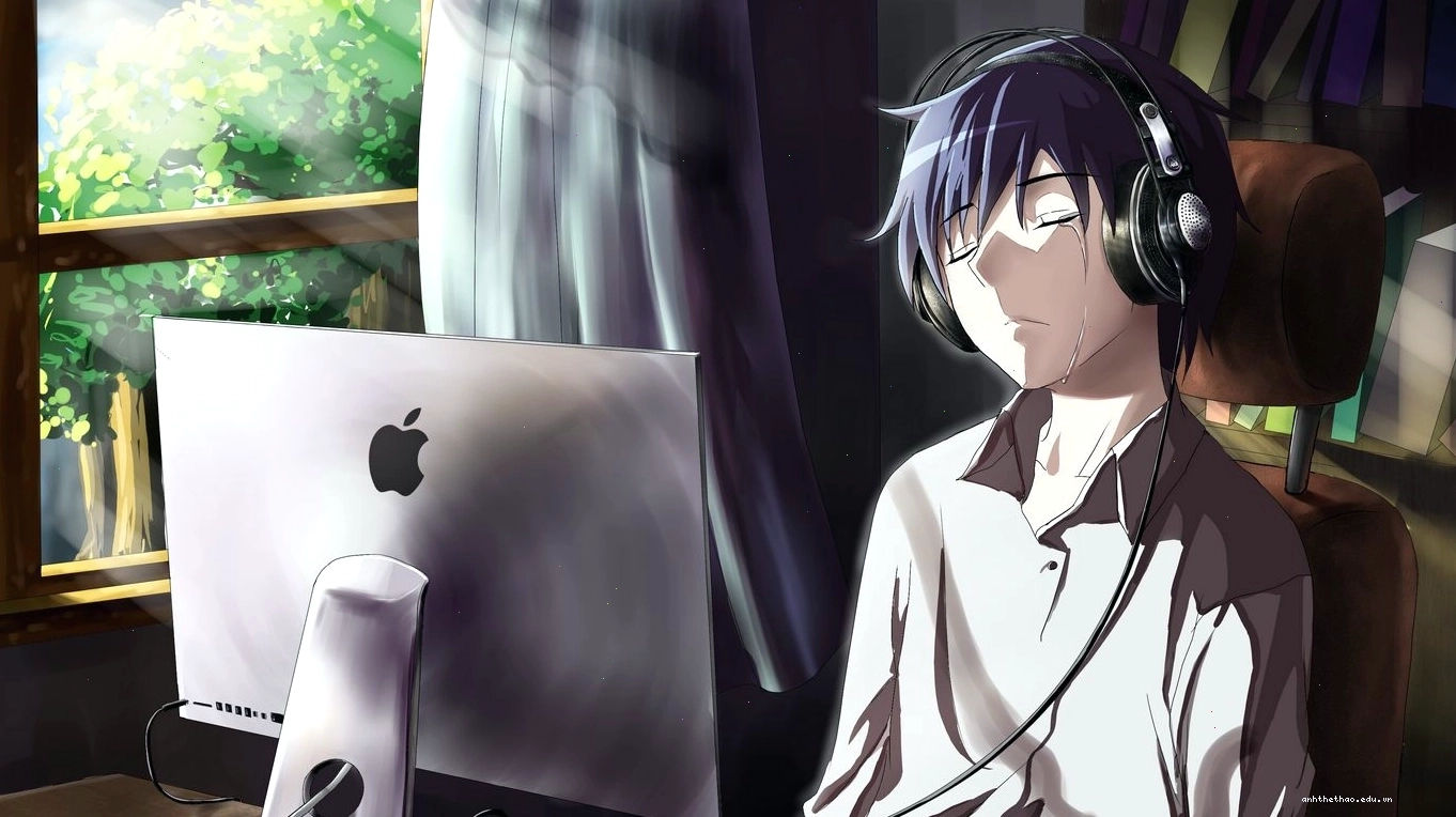 Hình nền anime chàng trai với biểu cảm buồn, không gian phòng cá nhân, 1366x768