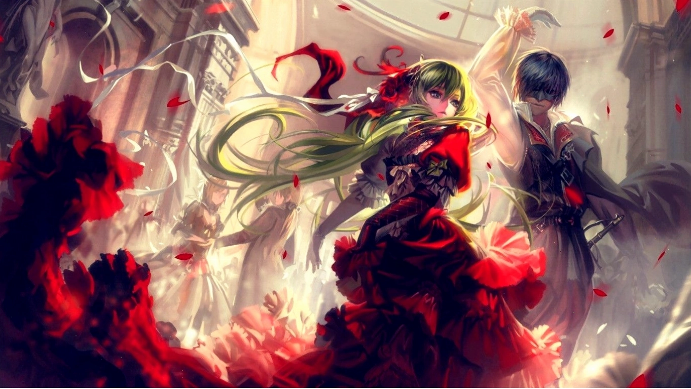 Hình nền anime cô gái với mái tóc tím và trang phục ấn tượng, 1366x768