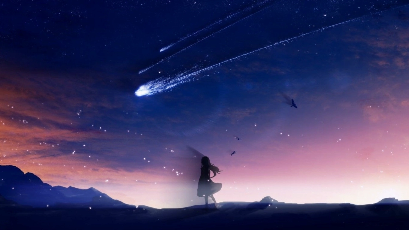 Hình nền anime phong cảnh thiên nhiên với bầu trời sao và chim bay, 1366x768