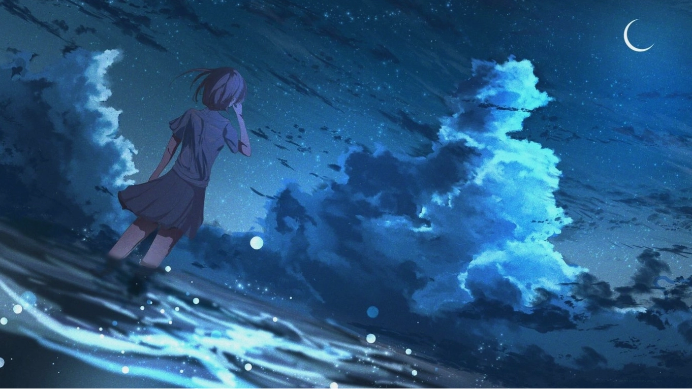 Hình nền cô gái anime trong đêm với bầu trời đầy sao, laptop 1366x768