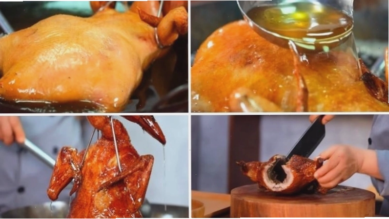 Thực hiện công đoạn quay vịt trong lò