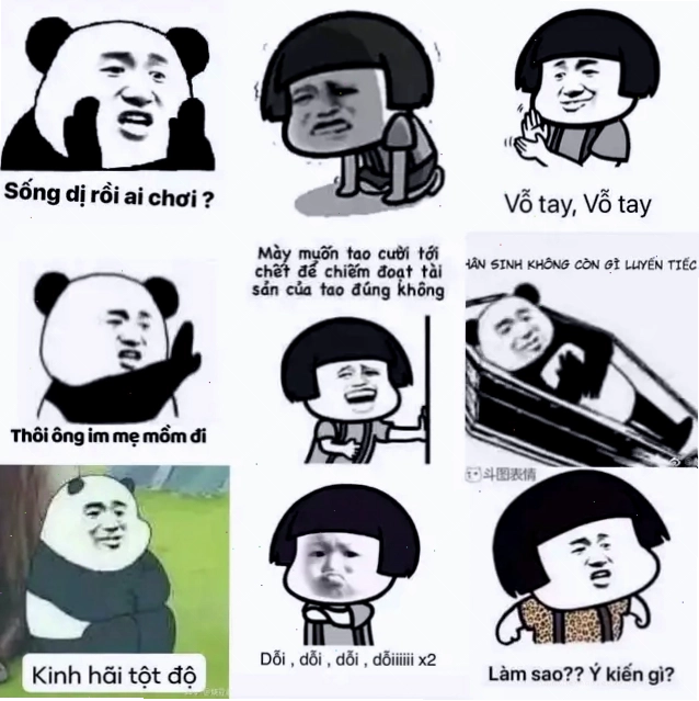 Tổng hợp các meme đen trắng với biểu cảm phóng đại của gấu trúc mặt người và nhân vật hoạt hình